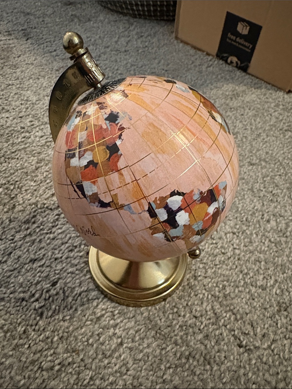 Anthropologie Pink Globe with Brass Stand and Multicolor Continents